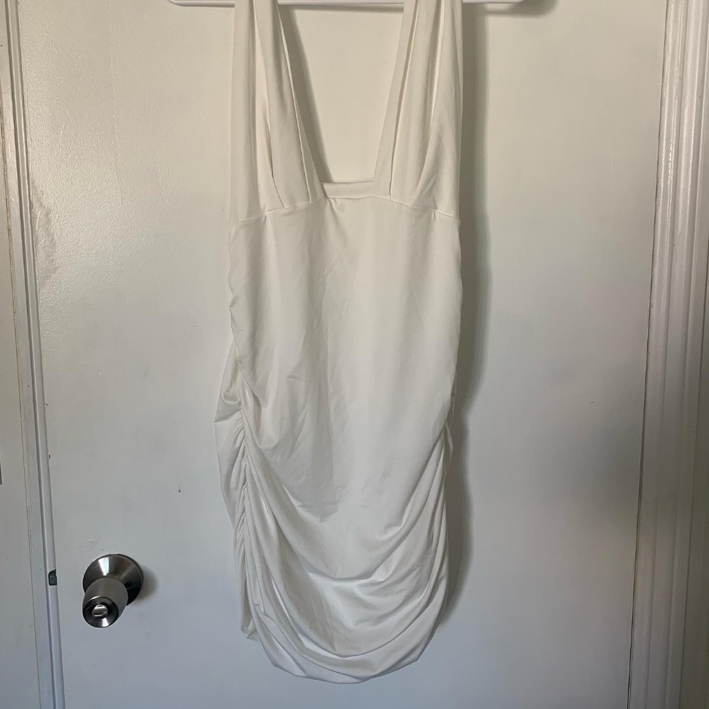 White Mini Side Scrunch Dress